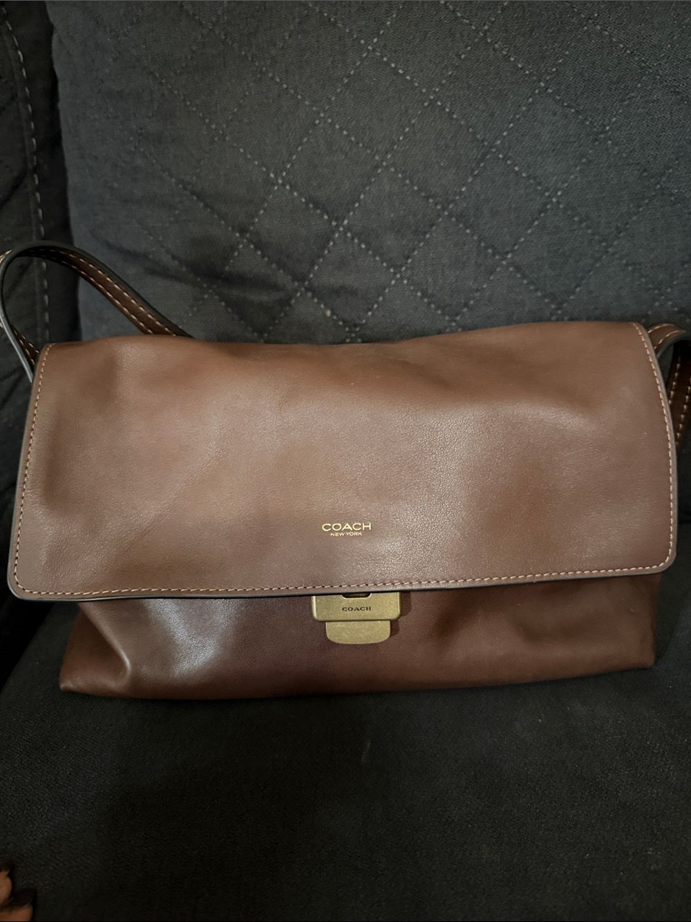 Coach Dark Brown Leather Messenger Bag with Gold Hardware